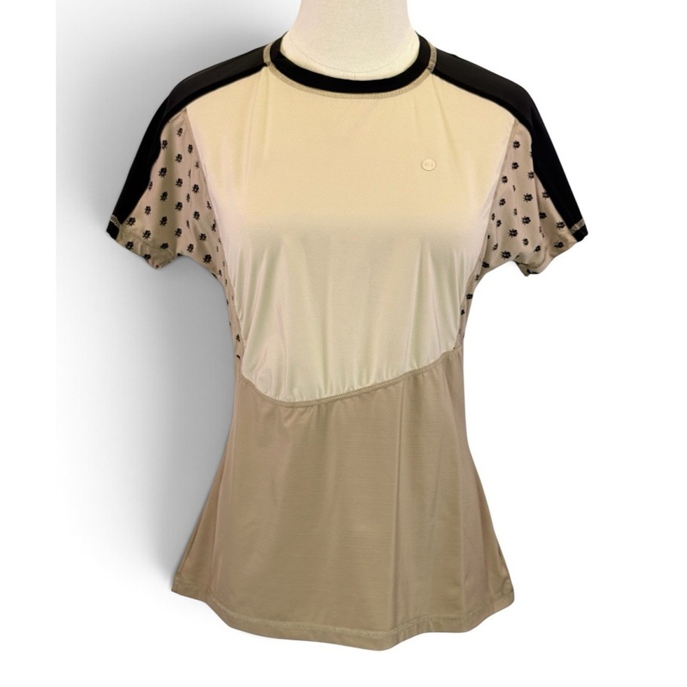 FILA Sport Womens Tan Tennis Workout Top Beige Short Sleeve Crew Neck Size M